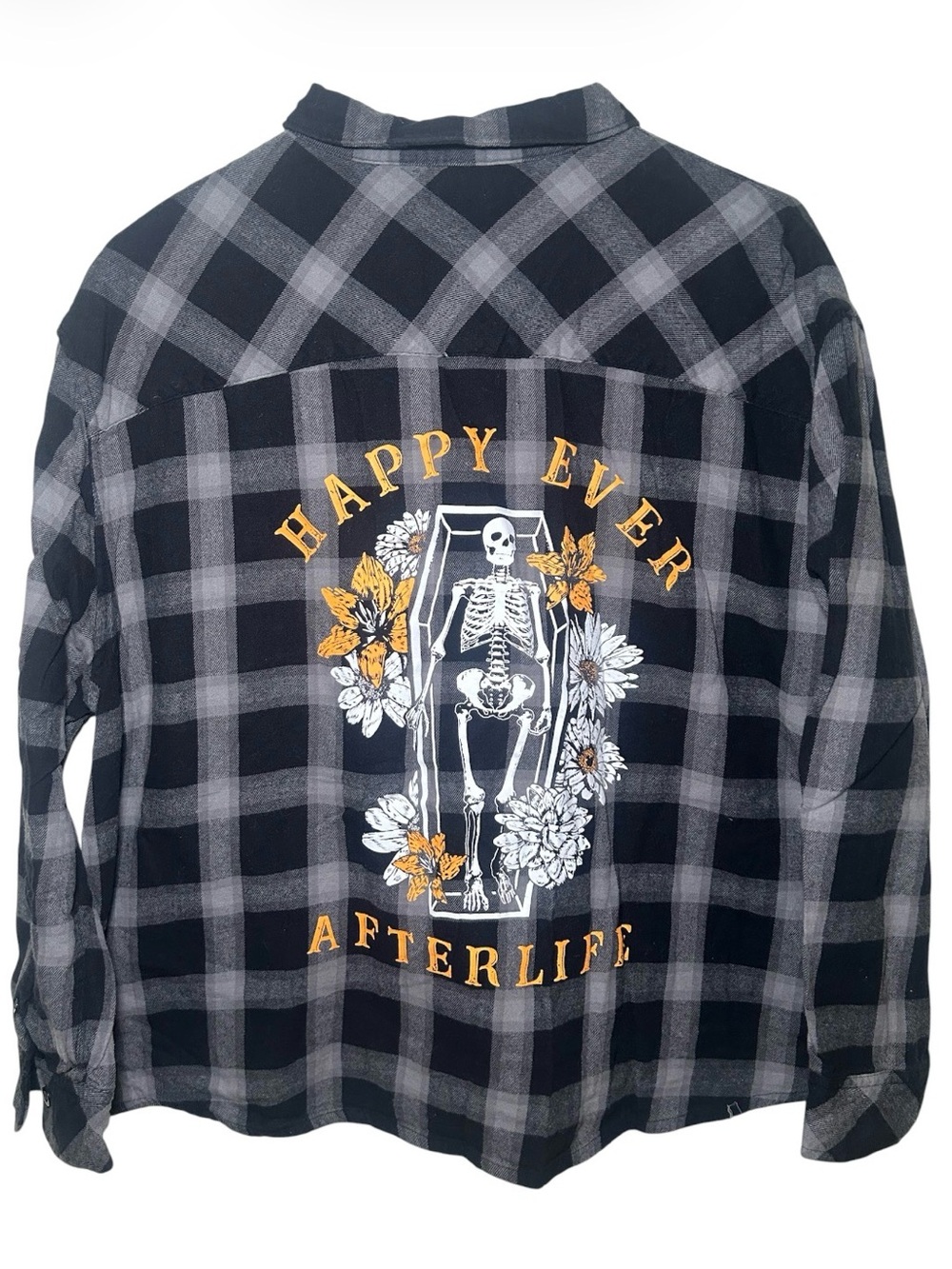 Spirit Black Gray Plaid Flannel Shirt 'Happy Ever Afterlife' Halloween Skeleton